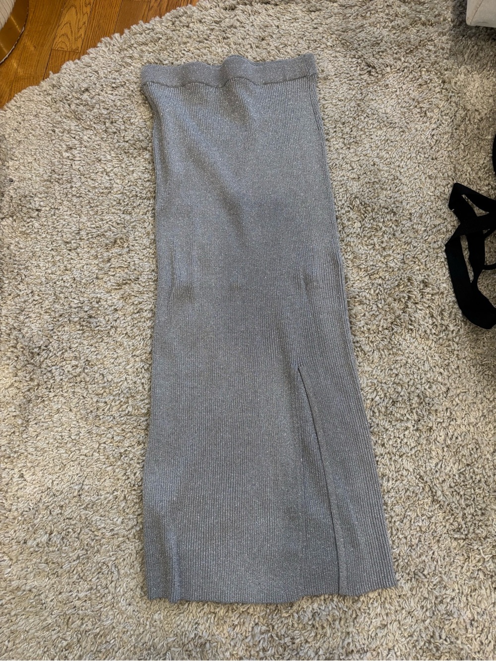 Zara Metallic Silver Knit Midi Skirt with Side Slit
